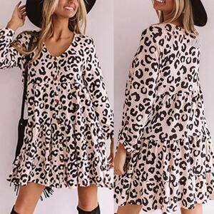 PEACH LOVE CALIFORNIA • Leopard Button Front Fluted Babydoll Dress